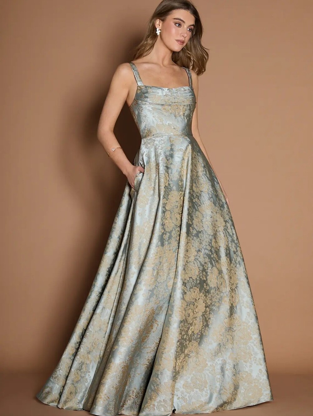 Lilla Jacquard Taffeta Maxi Gown – Sage/Gold Floral – Size 12 – Worn Once